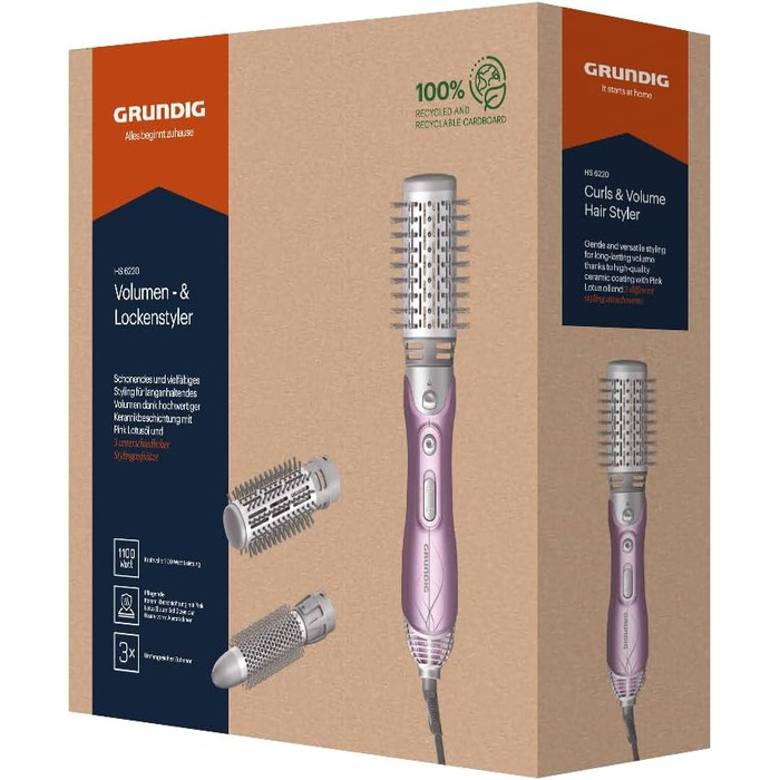 Фен-щітка GRUNDIG HS 6220 Volumen & Locken, 1100W, 3 насадки, керамічне покриття з олією лотоса, захист від перегріву, для всіх типів волосся, Рожевий/Срібний, 2023 модель