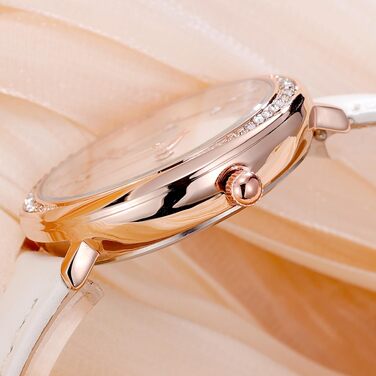 Жіночий класичний кварцовий годинник NUOVO Rose Gold з білим шкіряним ремінцем та кристалами на безелі