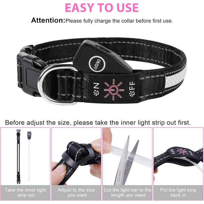 Світловідбиваючий нашийник для собак AUAUY LED, USB-зарядка, водонепроникний, регульований, безпечний, 6 кольорів, розмір S (11.8-15.7'/30-40 см)