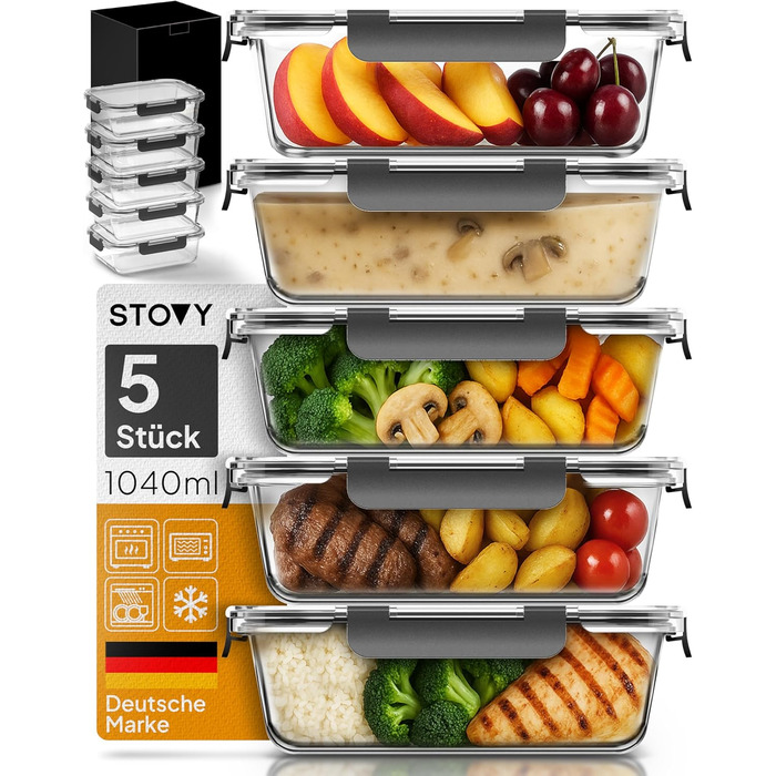 STOVY® Набори для приготування їжі Meal Prep Box - 5 контейнерів по 1040 мл з кришкою. Ідеально для повного раціону. Контейнери для зберігання їжі, придатні для мийки, мікрохвильової печі та морозильника.