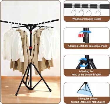 Сушарка для білизни Standtrockner з 4 крилами, 10 гачків та кліпсою для шкарпеток. Складана, регульована по висоті, для дому, балкону, кемпінгу (чорний)