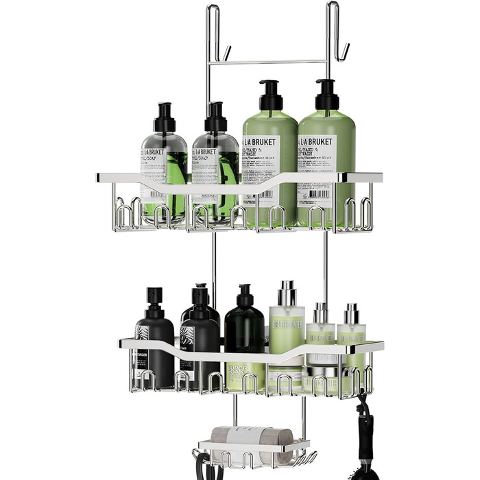 ZUIMENG Shower Shelf, 3 Tier Shower Caddy, No Drilling Shower Shelf, Bathroom Shelf Shower Basket Hanging, Shampoo Holder Shower Hanging Shelf for Glass Door Shower Wall with Soap Dish and Hooks (Silver)