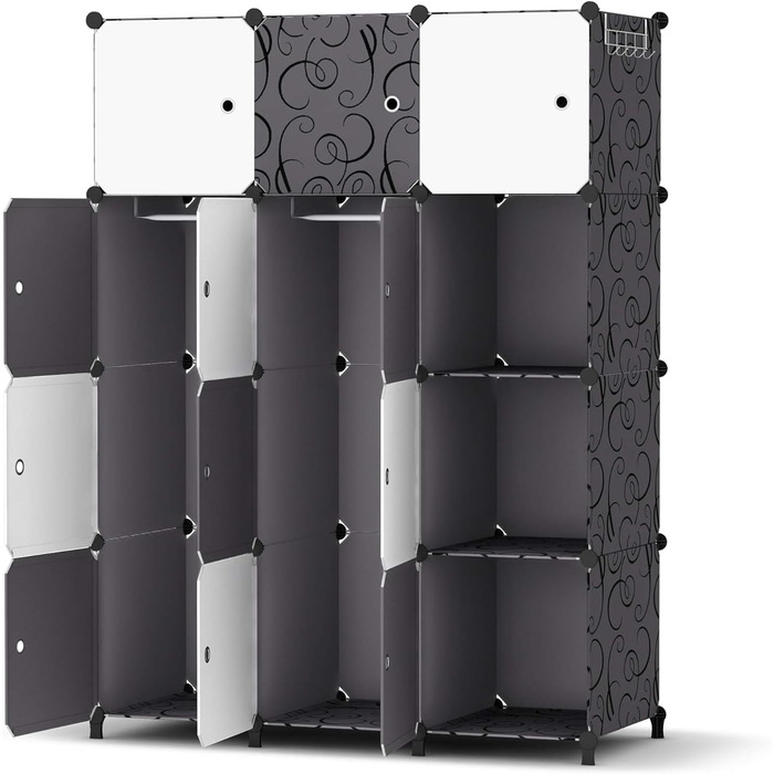 HOMIDEC Closet, Portable Storage System, 20-Cube Plastic Closet with 2 Clothes Rods, Bedroom Closet Wardrobe White for Bedroom, 180 x 142 x 45cm (12 cube, White & Black)