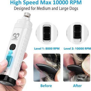Електричний точило для собачих кігтів Casfuy з LED-підсвіткою, 4.8V, 2 швидкості, для середніх собак