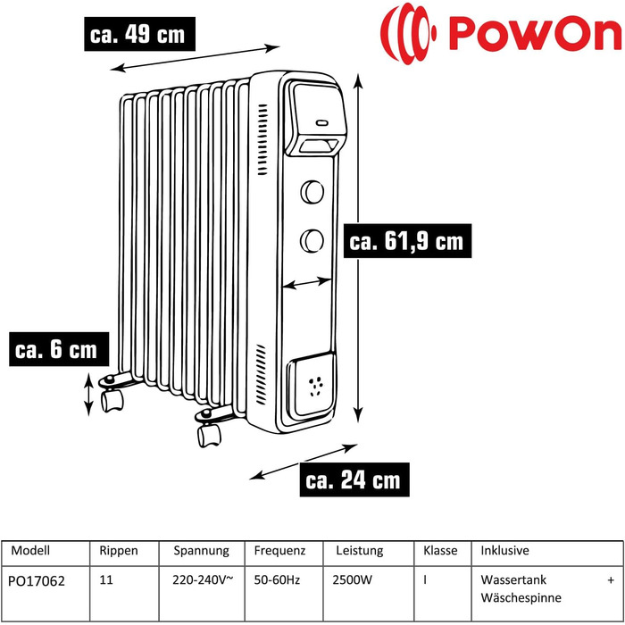 Електричний масляний радіатор PowOn 7 ребер - 30x14x38 см, 2500W | Економне опалення