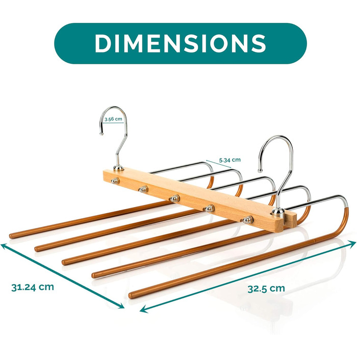 2 Pack Space-Saving Multi-Tiered Hanger - 5 in 1 Pants & Clothes Hanger Made of Wood and Stainless Steel Extendable - Foldable Multi-Hanger - Clothes Hanger Holder - Magic Pant Hangers