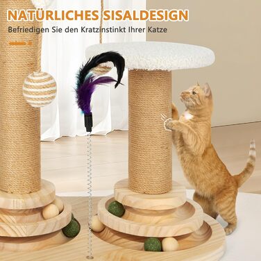 Інтерактивна іграшка для котів 6 в 1: дерев'яний комплекс з кульками, пір'ям, м'ячиком-трекером, когтеточкою з сизалю та джуту. Підходить для котів середніх та маленьких порід (білий)