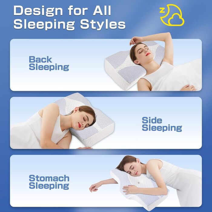 Подушка Hydomi з піною з пам'яті для шиї та плечей, ортопедична подушка для сну, регульована ергономічна подушка для сну на боці, спині та животі - порожниста конструкція, сіра та біла (03-блакитно-біла)