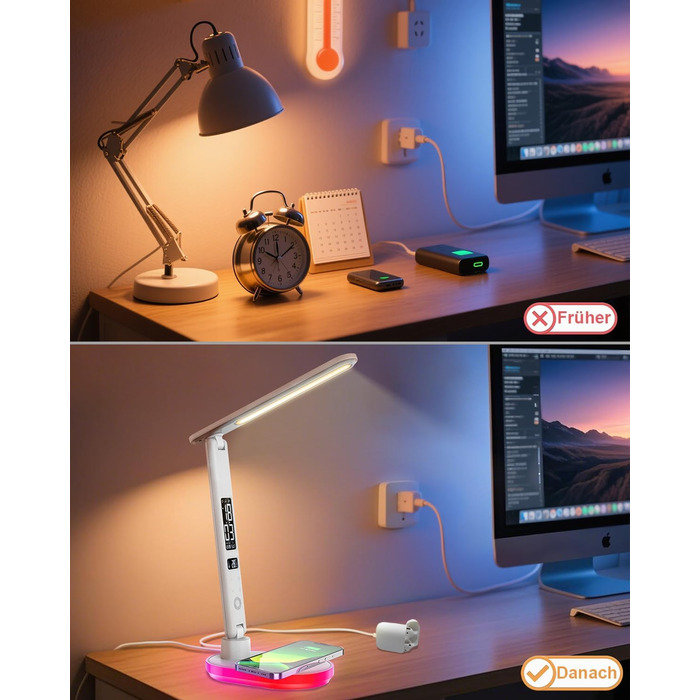 Настільна лампа CCHKFEI з регулюванням, годинником, LED-дисплеєм, бездротовим зарядним пристроєм 10W та USB-портом, 3 режими кольору, датчиком температури та RGB-підсвічуванням для читання, дому та офісу