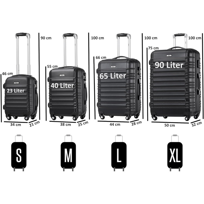 Набір валіз Zelsius 4 шт., чорний | ABS, з кодовим замком, 4 колеса, внутрішній роздільник | Ручна валіза, набір валіз, тріліон, велика валіза