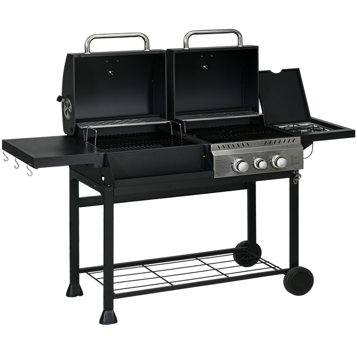 Outsunny Grill Cart Gas Grill with 2+1 Burner, Thermometer, 3kW BBQ Charcoal Grill with Shelf, Side Table, Hooks, Camping Grill with Hose for Garden, Balcony, Black | Aosom