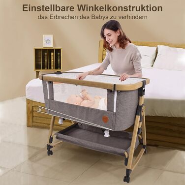 Maydolly 3-in-1 Bedside Crib - Portable Baby Cot with Breathable Net and Sheets, Adjustable Bassinet Bedside Crib Grey