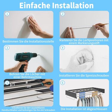 Настінний сушильник для білизни з 80 см штангами, 5 ліній сушіння, розкладний, для дому та вулиці, чорний, 80 см