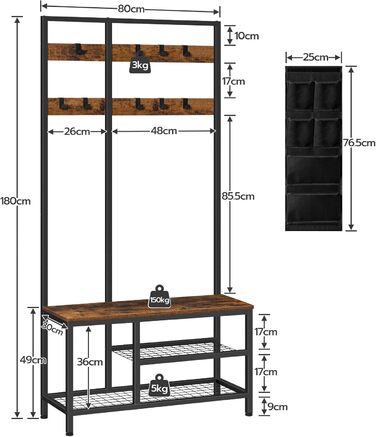 HOOBRO Coat Rack, Wardrobe, Clothes Rack with 6 Pockets and 9 Hooks, Shoe Shelf with Seating, Bench, Ample Storage Space, for Entryway, Living Room, Vintage Brown-Black EBF24MT01