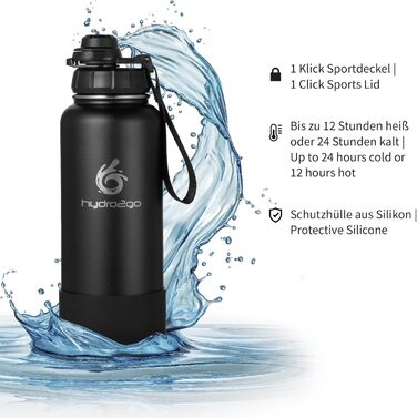 Термофляга Hydro2Go Edelstahl 950 мл з соломинкою, чорна - ізольована, BPA-free, для спорту та активного відпочинку, 24 год холод/12 год тепло