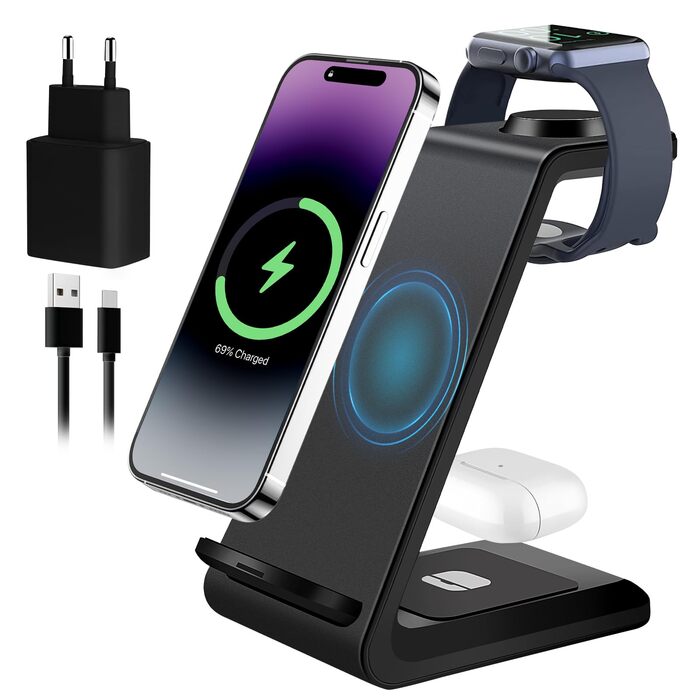 Бездротова зарядна станція 3-в-1 для iPhone 16/15/14/13/12/11 Pro Max, Apple Watch 10/9/Ultra, AirPods Pro 4/3/2 – індуктивне зарядне пристрої