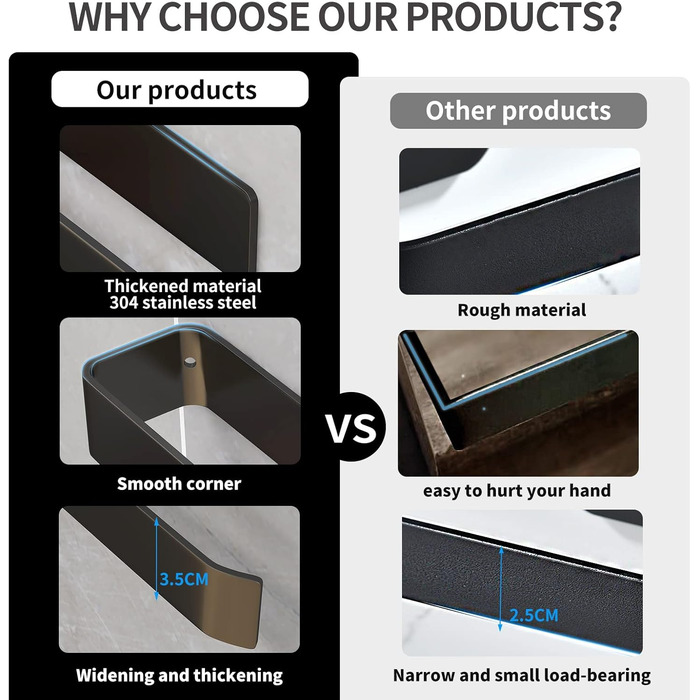 Тримач для рушників JS без свердління, стійкий, чорний, 25 см