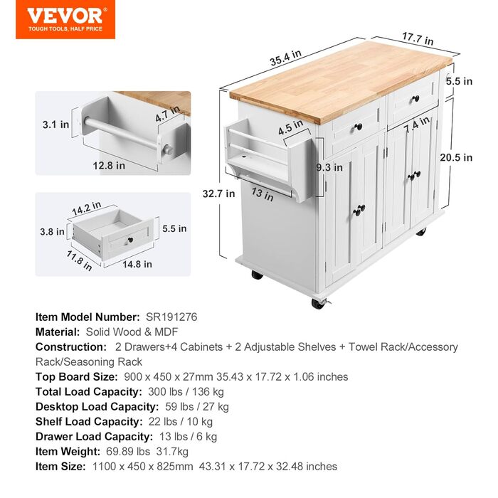 Кухонний візок VEVOR з міцної деревини, 1100x450x825 мм, 136 кг, 2 ящики, тримач для рушників, мікрохвильовий шафка