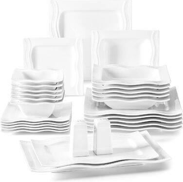 MALACASA, Mario Series, 28-piece porcelain dinnerware set consisting of 6 bowls, 6 dessert plates, 6 soup plates, 6 dinner plates, 2 rectangular platters, and 2 salt and pepper shakers.