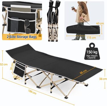 Ліжко гостьове Yaheetech складане, кемпінгове, з бічною кишенею та сумкою для транспортування, до 150 кг (Чорне)