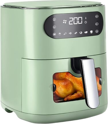 Фритюрниця повітряна 6л з окремим кошиком, прозорим вікном, 7 програм приготування, 11 функцій, тиха, легка чистка, таймер, сенсорний екран, 10 листів пергаментного паперу для сімейного використання (зелена)