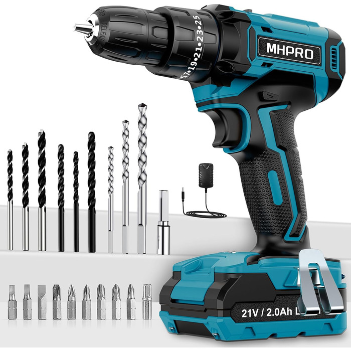 Акумуляторний шуруповерт MHPRO 21V з 2 акумуляторами 2.0Ah, 42Nm, 2 швидкості, 25+3 ступені крутного моменту, патрон 10 мм, LED-ліхтар, 14-ти елементний набір аксесуарів для дому, саду та DIY проектів (Блакитний 21V-1Akku)