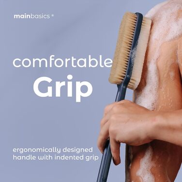 Скребок для спини MainBasics для душу – довга ручка, двостороння щітка для миття тіла та скрабування з пілінгом та м'якими щетинками (Ультрамарин, пластик)