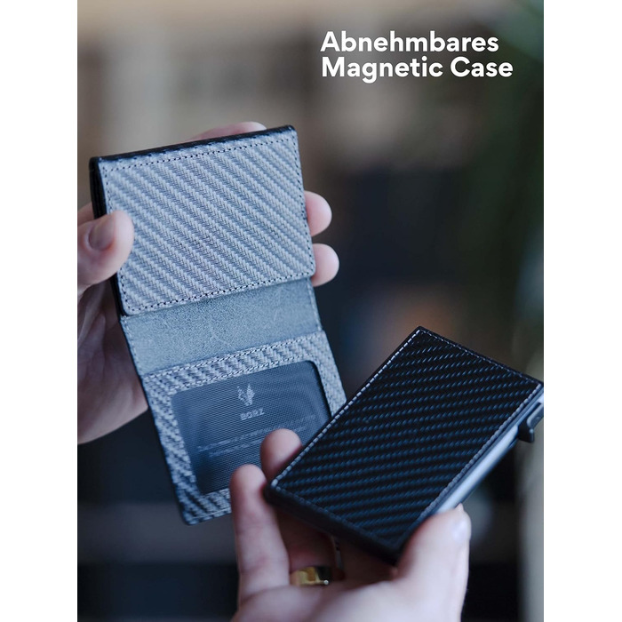 MAXUS MAGNETIC 2: Тонкий шкіряний гаманець з відділенням для монет, сумісний з AirTag, RFID захистом, для карток та грошей (Carbon Leather, Антрацит)