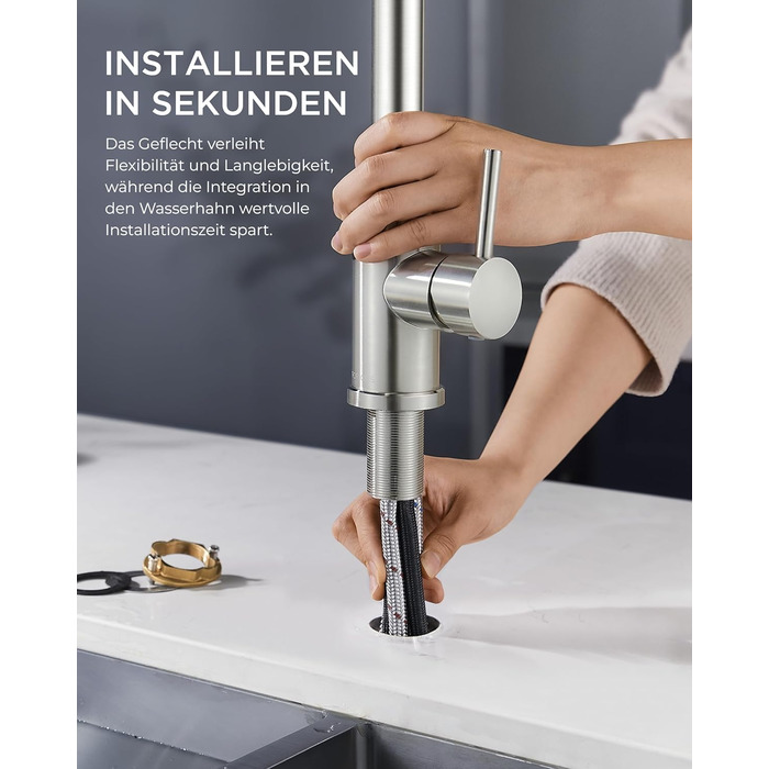 Змішувач кухонний FORIOUS висувний з душем, шланговий, нержавіюча сталь, 360° обертання, 2 режими, L-подібний