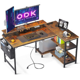 Ігровий стіл ODK у формі L, 120x80 см з полицею, кутовий стіл з USB-портом та розеткою, стіл для офісу/домашнього офісу, коричневий