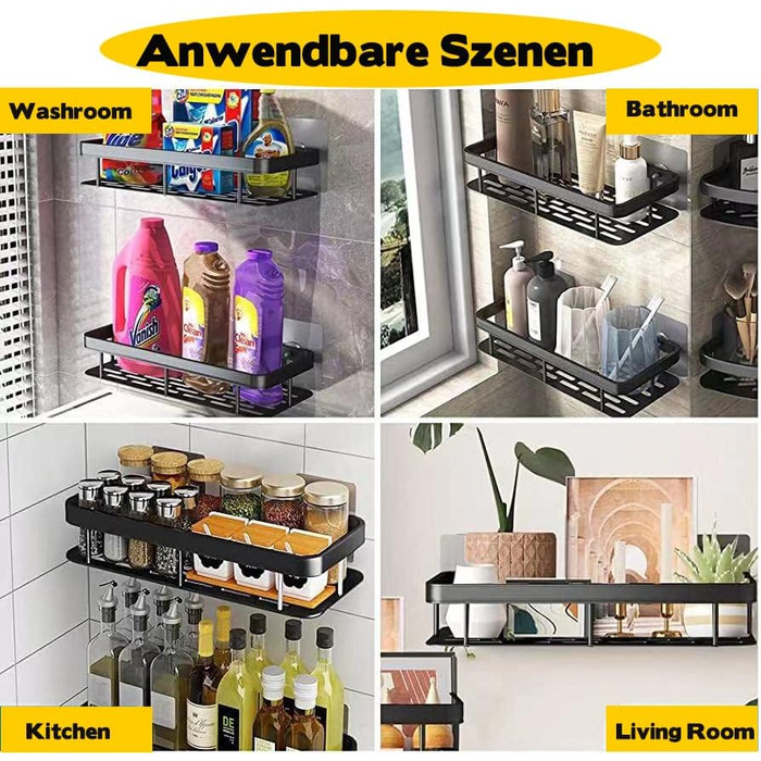 Полка для душу без свердління, 2 шт. Алюмінієва полиця для душу, нержавіюча сталь, кошик для душу з 6 клейкими поверхнями та 4 гачками, чорний колір. Підходить для ванної кімнати, кухні.