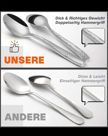HONKKU 30-Piece Flatware Set, 6 People, Thickened Stainless Steel Cutlery Set with Hammered Handle, Eating Cutlery Set with Knife, Fork, Spoon, Mirror Polished, Dishwasher Safe