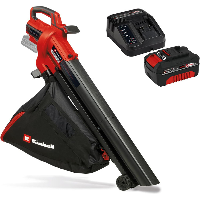 Einhell Cordless Leaf Blower VENTURRO 18/210 Power X-Change (18 V, suction power 500 m³/h, collection bag 45 L, blowing function up to 210 km/h, incl. 4 Ah battery & charger) Black, Red
