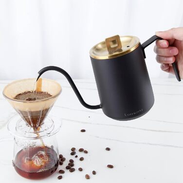 Easyworkz Swan Neck Pouring Kettle 600ml Stainless Steel Hand Drip Coffee Pot with Long Narrow Spout, Brushed Gold Black