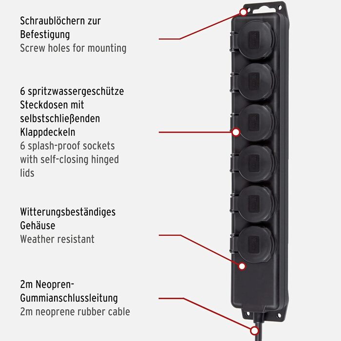 Розподільник розеток Brennenstuhl IP44 6-фазовий, 2м, для будівництва та зовнішнього використання, чорний