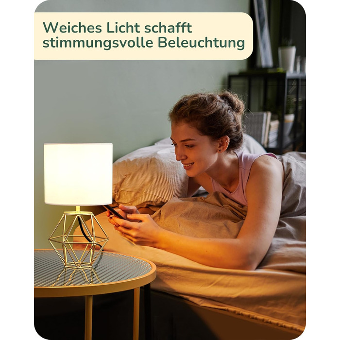 EDISHINE Настільна лампа, сучасний індустріальний дизайн, цоколь E14, вінтажний стиль, для спальні/вітальні, білий/золотий лін, золото