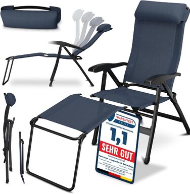 ELONEO Folding Camping Chair with Removable Footrest, Folding Chair made of Aluminum, Folding Garden Chair, Reclining Chair with Adjustable Backrest, Camping Chair (Folding Chair with Footrest (Basic), Blue)
