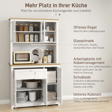 HOMCOM Farmhouse-Style Kitchen Cabinet with 1 Vitrine (Glass-Front Cabinet), 1 Open Shelf, 1 Drawer, and 2 Cabinets, Natural + White