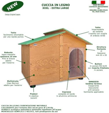 Будка для собак LEGNO Oasi XXXL з масивного дерева, термозавіса, Made in Italy