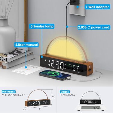 APUZOM Wake-Up Light Alarm Clock, Loud Alarm for Deep Sleepers, Digital Table Clock Night Light with Phone Charging Station, White Noise, Timer, Gift for Kids, Teenagers, Boys and Girls