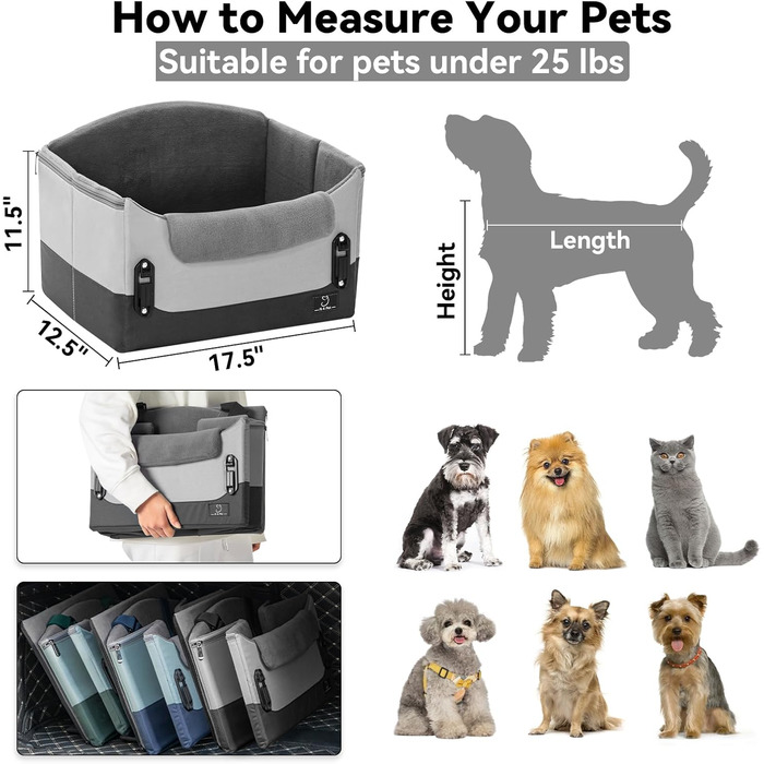 Автокрісло для собак, сіре, для маленьких собак, з кріпленням на ремінь, складна, пральна