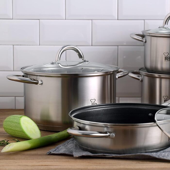 Каструля Renberg Alexander 12 л з нержавіючої сталі 28x21,5 см з кришкою, 5-шаровим дном, мірною шкалою, для всіх типів плит