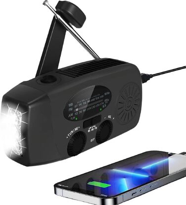 Радіо Solar Radio на сонячній енергії з ручним генератором, AM/FM, аварійне радіо з повербанком 2000mAh, LED ліхтарик, USB зарядка для телефону, чорне - для кемпінгу та активного відпочинку