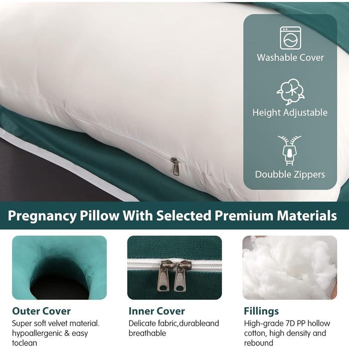 Подушка для вагітних U-подібної форми Elover з знімним чохлом, 144 см, зелений велюр