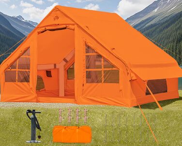 Надувний кемпінговий намет Glamping для 4 осіб, помаранчевий - 2025, з москітною сіткою та захистом від дощу