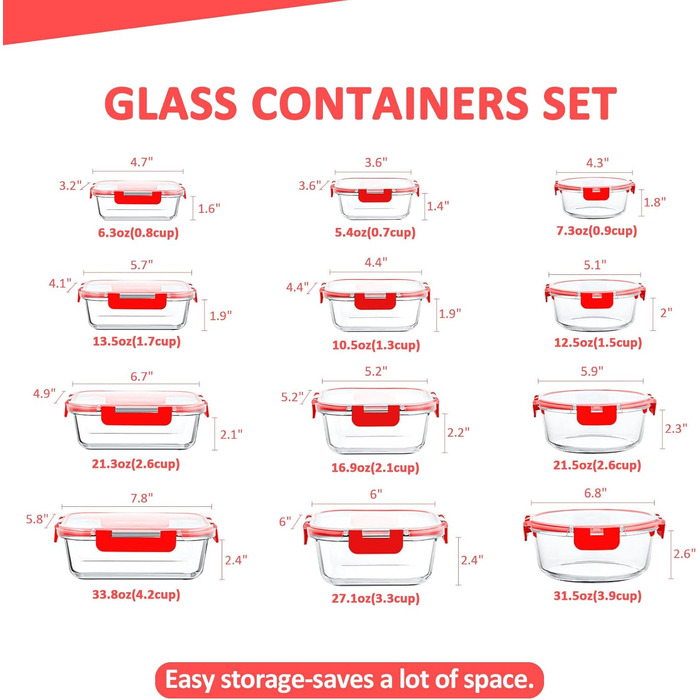 Набір скляних контейнерів Komuee 24 шт. для зберігання продуктів, з кришкою, BPA-free, для мікрохвильової печі та посудомийної машини (12 контейнерів та 12 кришок)