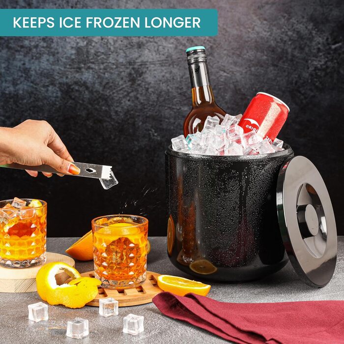 Kurtzy Black Ice Bucket with Lid and Tongs - Double-Walled/Insulated 4L Ice Cube Container with Lid - Keeps Ice Frozen Longer - Ice Cube Cooler for Bars/Parties & for Chilling Beer/Wine