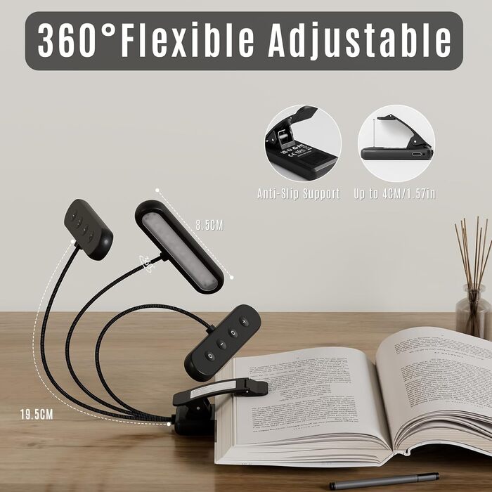 Ліхтар для читання LQWELL на шию, LED лампа для книги, 3 кольори/яскравість, гнучкий, акумуляторний, для читання, рукоділля (чорний, прямокутна - 3 шт)