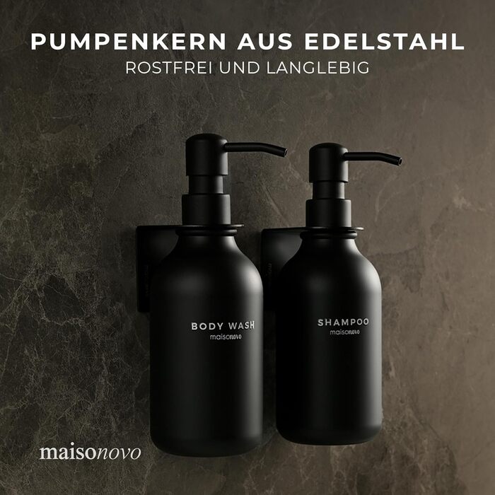 Шампунь MaisoNovo у пляшках для наповнення – дозатори для рідкого мила та гелю для душу, настінний монтаж – набір з 3 пляшок об'ємом 500 мл, янтарного кольору, з чорним дозатором (набір з 2 чорних дозаторів)