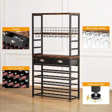 Homeiju Wine Rack, Freestanding Floor, Bar Cabinets for Liqueurs and Glasses, 4-Tier Bar Cabinet with Tabletop, Glass Holder, Storage Drawer and Wine Storage for Living Room, Kitchen, (Retro Black Brown)